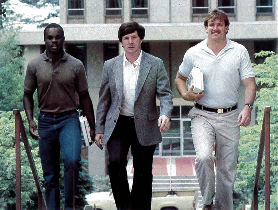 Former App State coach Mack Brown (center) is flanked by Everett Withers (left) and Todd Dodson (right) from the 1983 football roster.