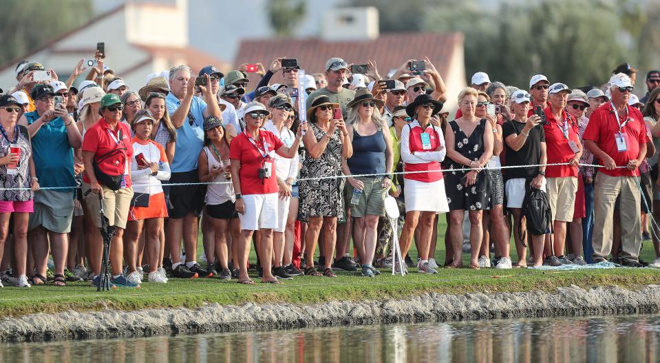 A large gallery watches the end of the Chevron Championship at Mission Hills Country Club in Rancho Mirage in 2022. The course will host the PGA Tour Champions Galleri Classic this week after the LPGA left the course following last year's event.