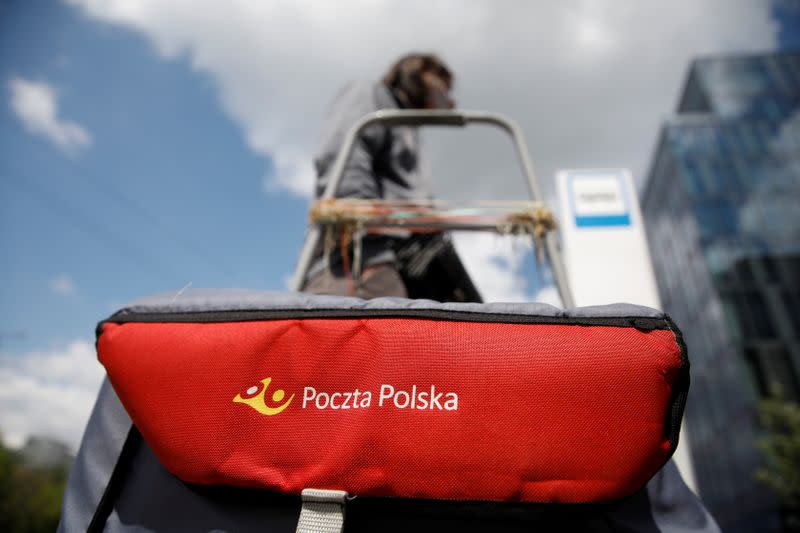 Postman's bag with Poczta Polska logo is pictured in Warsaw