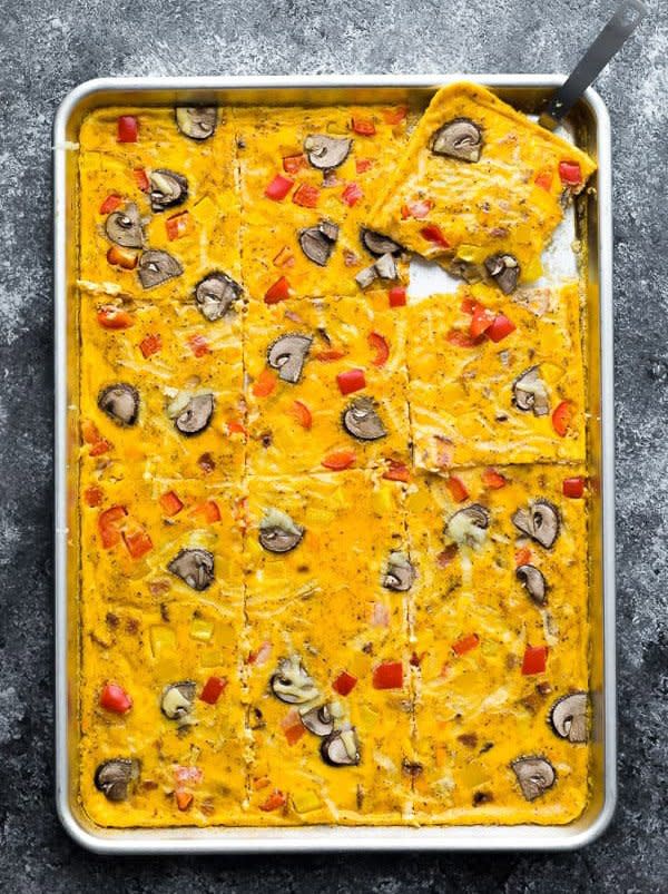 Sheet pan eggs are photographed from above. 