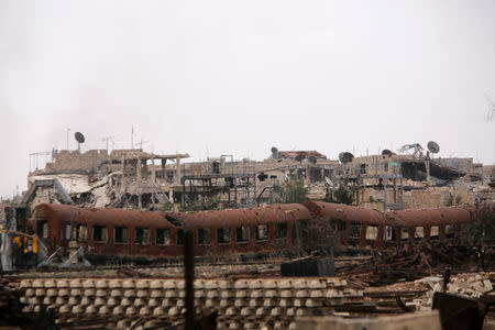 A general view of the damaged al-Qadam train station near Yarmouk Palestinian camp in Damascus, Syria April 29, 2018. REUTERS/Omar Sanadiki