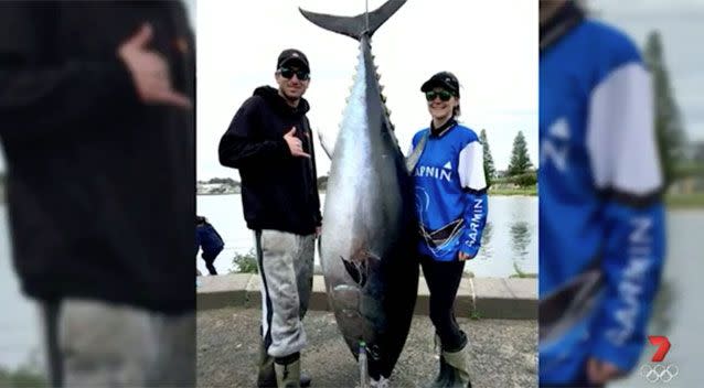 The couple with their 150kg Bluefin tuna. Source: 7News