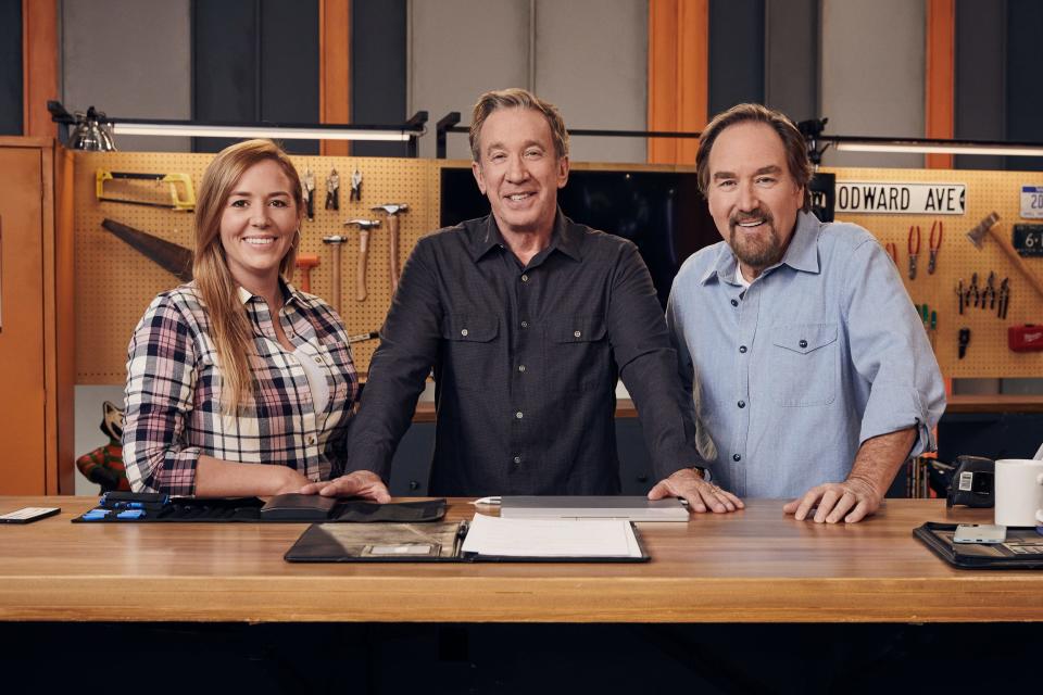 YouTube star and woodworking DIY expert April Wilkerson, left, stars with Tim Allen and Richard Karn in the new History Channel competition series, "Assembly Required."