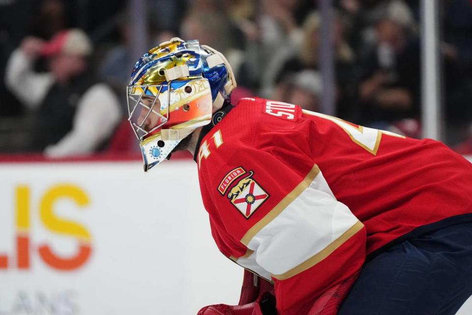 Dec 2, 2023; Sunrise, Florida, USA; Florida Panthers goaltender Anthony Stolarz (41) stands on the ice in front of his goal against the New York Islanders during the first period at Amerant Bank Arena.