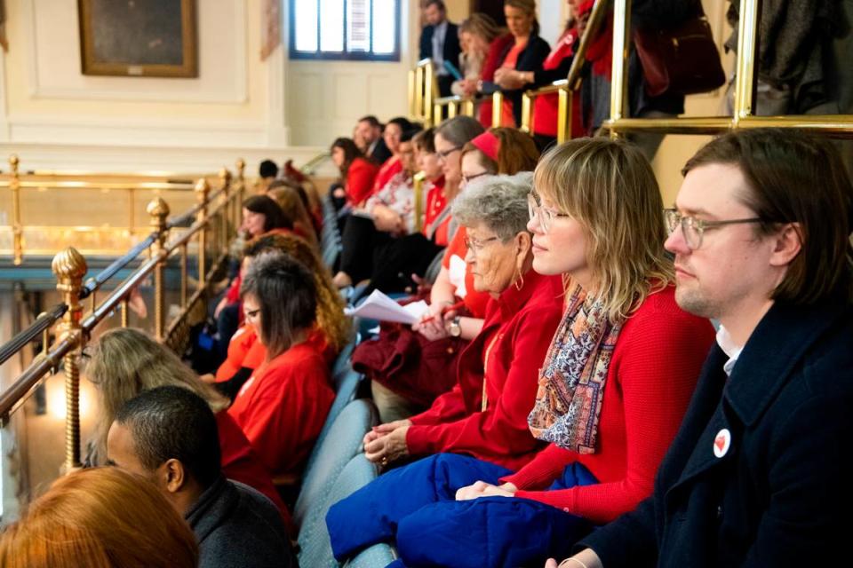 Teachers from across South Carolina listen in the South Carolina Senate on Wednesday, January 29, 2020. SC for Ed organized a lobby day to promote their eight-point plan for public education.