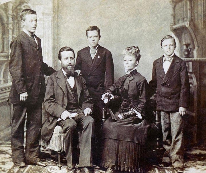 The A. B. Farquhar Family  c. 1878. A. B. and Elizabeth Jessop Farquhar are seated. Left to right:  William, Percival and Francis.