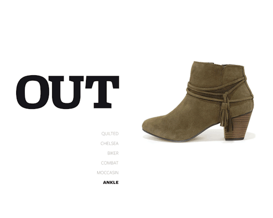 Out: Ankle boots.