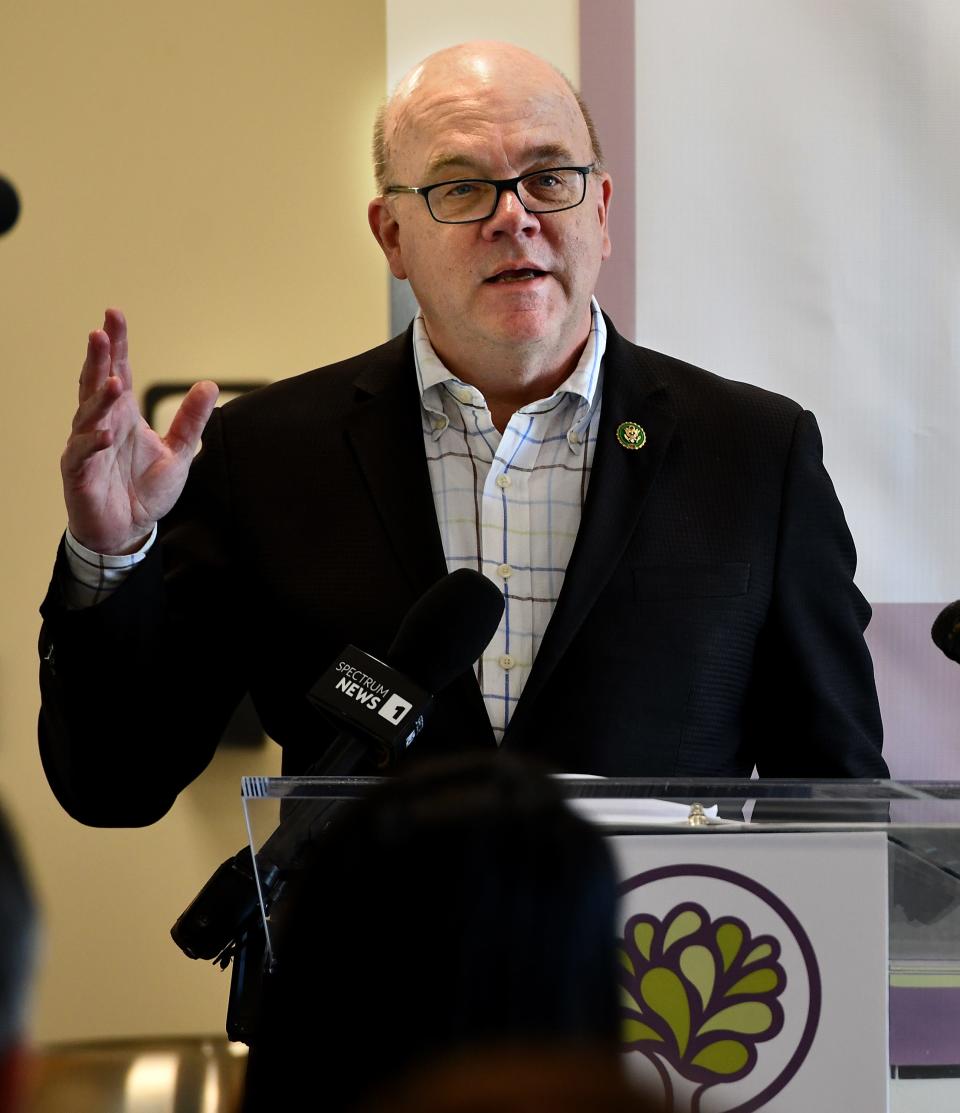 Congressman Jim McGovern speaks after touring the new, expanded Kennedy Health Center.