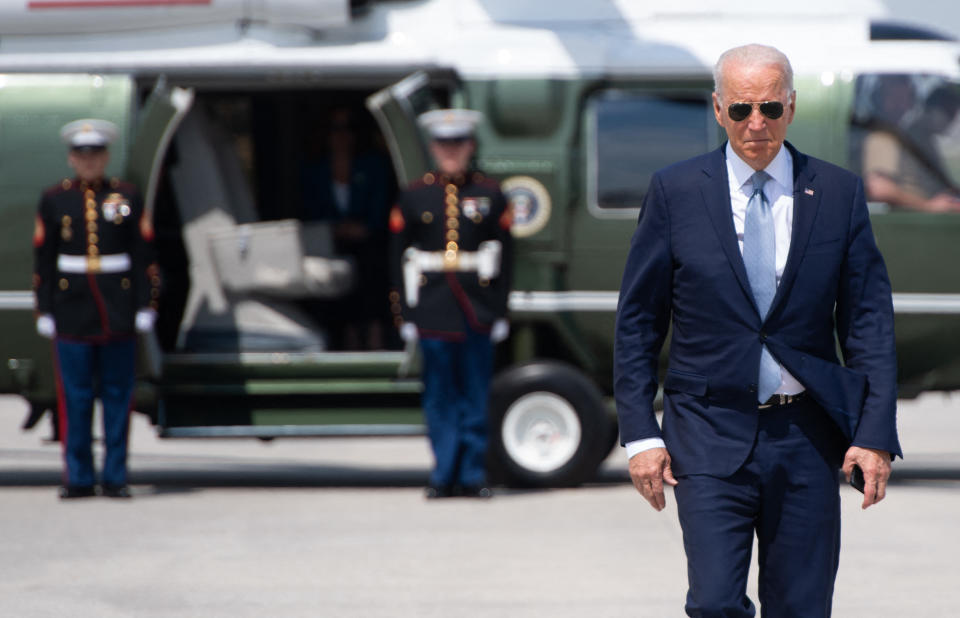 US President Joe Biden walks from Marine One to Air Force One prior to departure from O'Hare International Airport in Chicago, Illinois, July 7, 2021, as he travels to promote his economic plans in Illinois. (Saul Loeb/AFP via Getty Images)