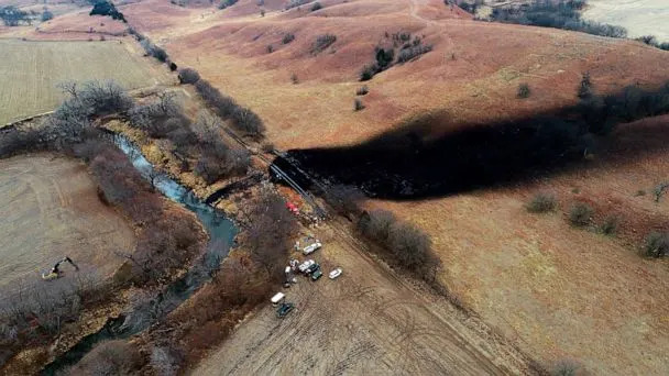 PHOTO: FILE - In this photo taken by a drone, cleanup continues in the area where the ruptured Keystone pipeline dumped oil into a creek in Washington County, Kan., on Dec. 9, 2022. (AP, FILE)