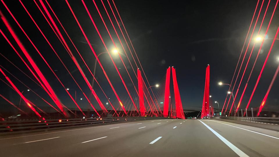 The Gov. Mario Cuomo Bridge was illuminated by red lights for Red Ribbon Week for drug prevention awareness Oct. 23, 2023.