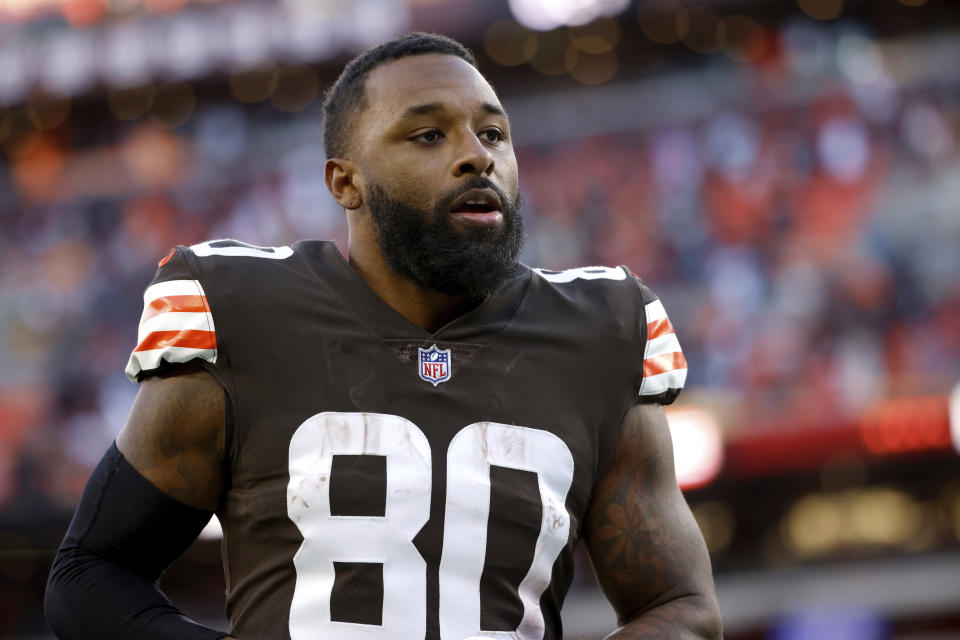 FILE - Cleveland Browns wide receiver Jarvis Landry (80) jogs off of the field after an NFL football game against the Baltimore Ravens, Sunday, Dec. 12, 2021, in Cleveland. For the second straight season, the Browns are dealing with a major COVID-19 outbreak during their playoff push. Cleveland's postseason hopes were rocked Tuesday, Dec. 14, 2021 when the team placed eight players, including Landry, tight end Austin Hooper and starting offensive linemen Wyatt Teller and Jedrick Wills Jr. on the reserve COVID-19 list. (AP Photo/Kirk Irwin)