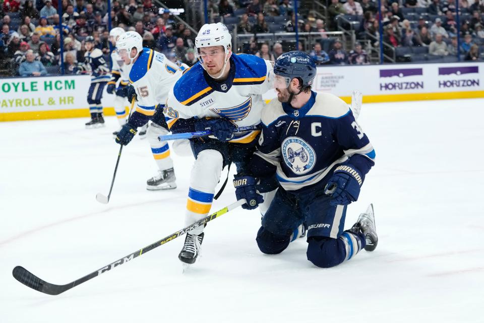 Boone Jenner, right, had 23 goals for the Blue Jackets last season and has 20 this year.