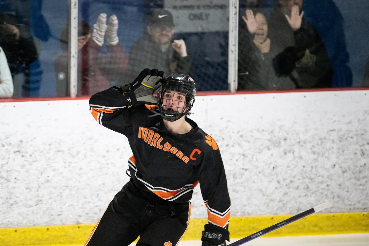 Marlborough's Luc Masse celebrates a goal verus Wachusett in the Borough's Cup at North Star Ice Sports on Saturday December 16, 2023.