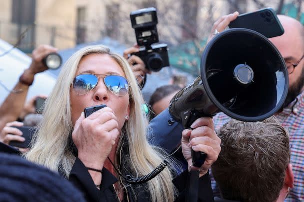 PHOTO: Rep. Marjorie Taylor Greene speaks outside Manhattan Criminal Courthouse on the day of former President Donald Trump's planned court appearance after his indictment by a Manhattan grand jury, in New York City, April 4, 2023. (Caitlin Ochs/Reuters)