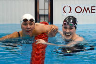 LONDON, ENGLAND - AUGUST 03: Anastasia Zueva of Russia congratulates Missy Franklin of the United States on winning the Women's 200m Backstroke Final on Day 7 of the London 2012 Olympic Games at the Aquatics Centre on August 3, 2012 in London, England. (Photo by Lars Baron/Getty Images)