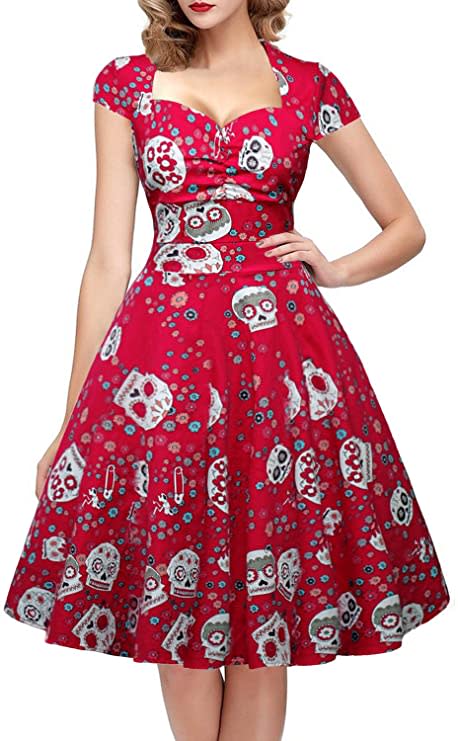 oten Women's Floral Sugar Skull Cap Sleeve Swing Retro Party Rockabilly Dress. (Image via Amazon)