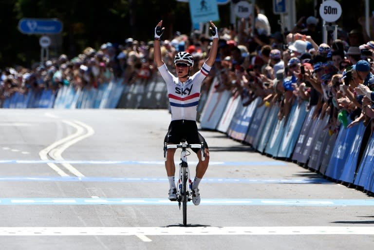 Britain's Peter Kennaugh of Team Sky celebrates after winning the men's elite cycling race in the 2016 Cadel Evans Great Ocean Road Race in Geelong, Australia