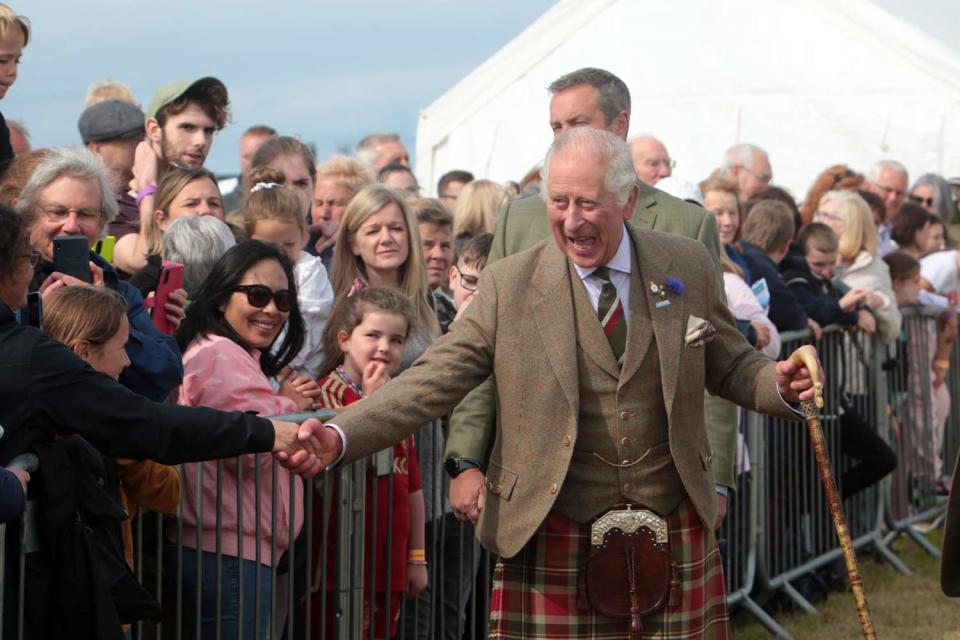 <p>Robert MacDonald/PA Images via Getty Images</p> King Charles at the Mey Highland Games in Scotland