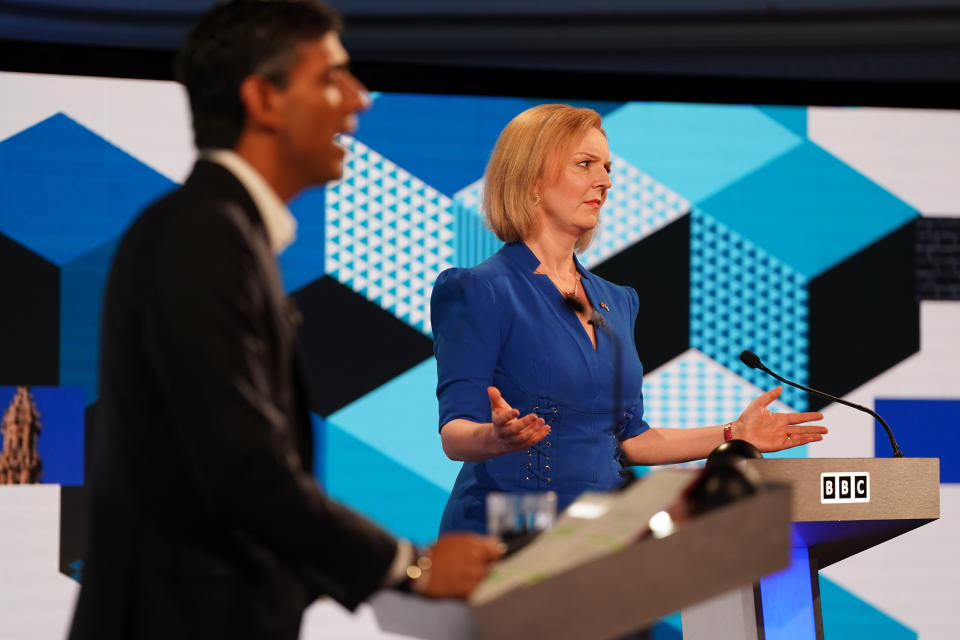 HANLEY, ENGLAND - JULY 25:  Rishi Sunak and Liz Truss take part in the BBC Leadership debate at Victoria Hall on July 25, 2022 in Hanley, England. Former Chancellor Rishi Sunak and Current Foreign Secretary Liz Truss go head-to-head in the BBC Conservative Leadership debate in their bid to win the contest and become the UK's next Prime Minister. (Photo by Jacob King - WPA Pool/Getty Images)