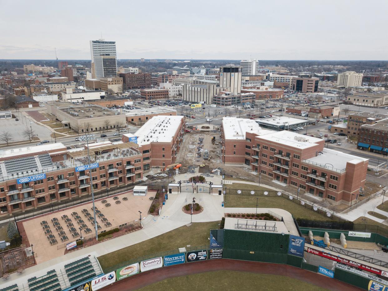 This aerial view shows downtown South Bend from Four Winds Field at Coveleski Stadium on Feb. 28, 2019.