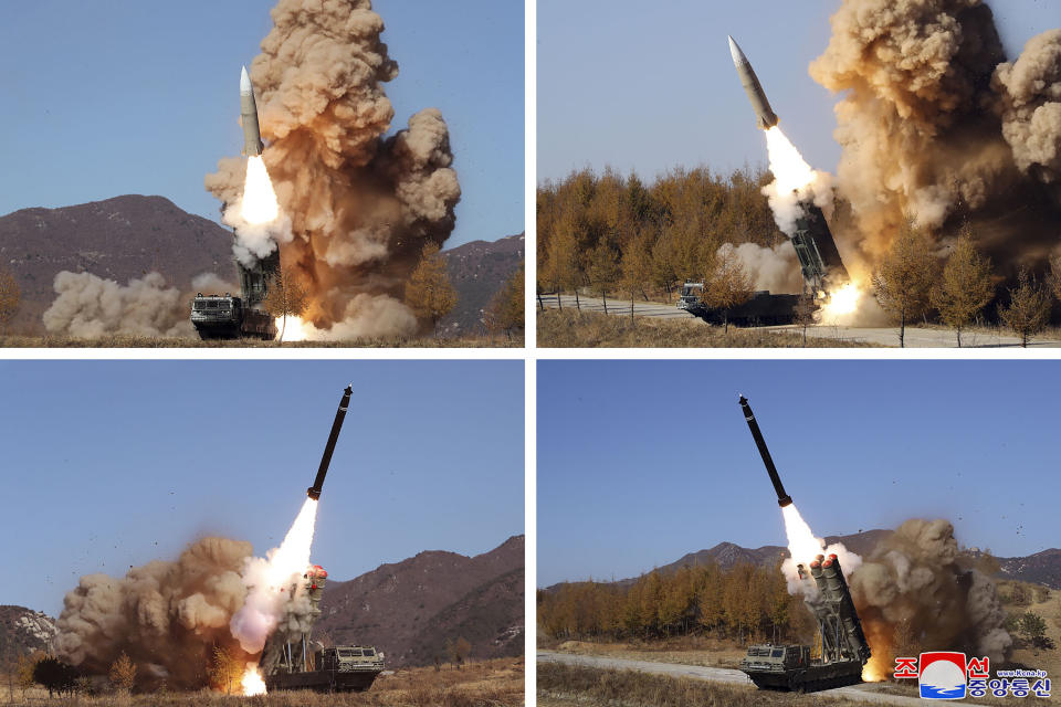 This combination of photos provided by the North Korean government, shows what they say military operation held during Nov. 2-5, 2022, in North Korea. Independent journalists were not given access to cover the event depicted in this image distributed by the North Korean government. The content of this image is as provided and cannot be independently verified. Korean language watermark on image as provided by source reads: "KCNA" which is the abbreviation for Korean Central News Agency. (Korean Central News Agency/Korea News Service via AP)