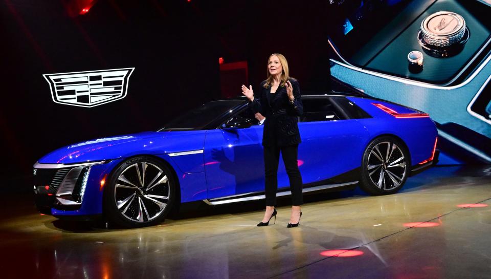 GM President and CEO Mary Barra speaks at the launch of the Cadillac Celestial electric-sedan on October 17, 2022 in Los Angeles, California.  - The ultra-luxury limited edition Celestiq features 3D-printed parts for extensive customization.  and is Cadillac's second EV.  (Photo by Frederic J. BROWN / AFP) (Getty Images by FREDERIC J. BROWN/AFP)