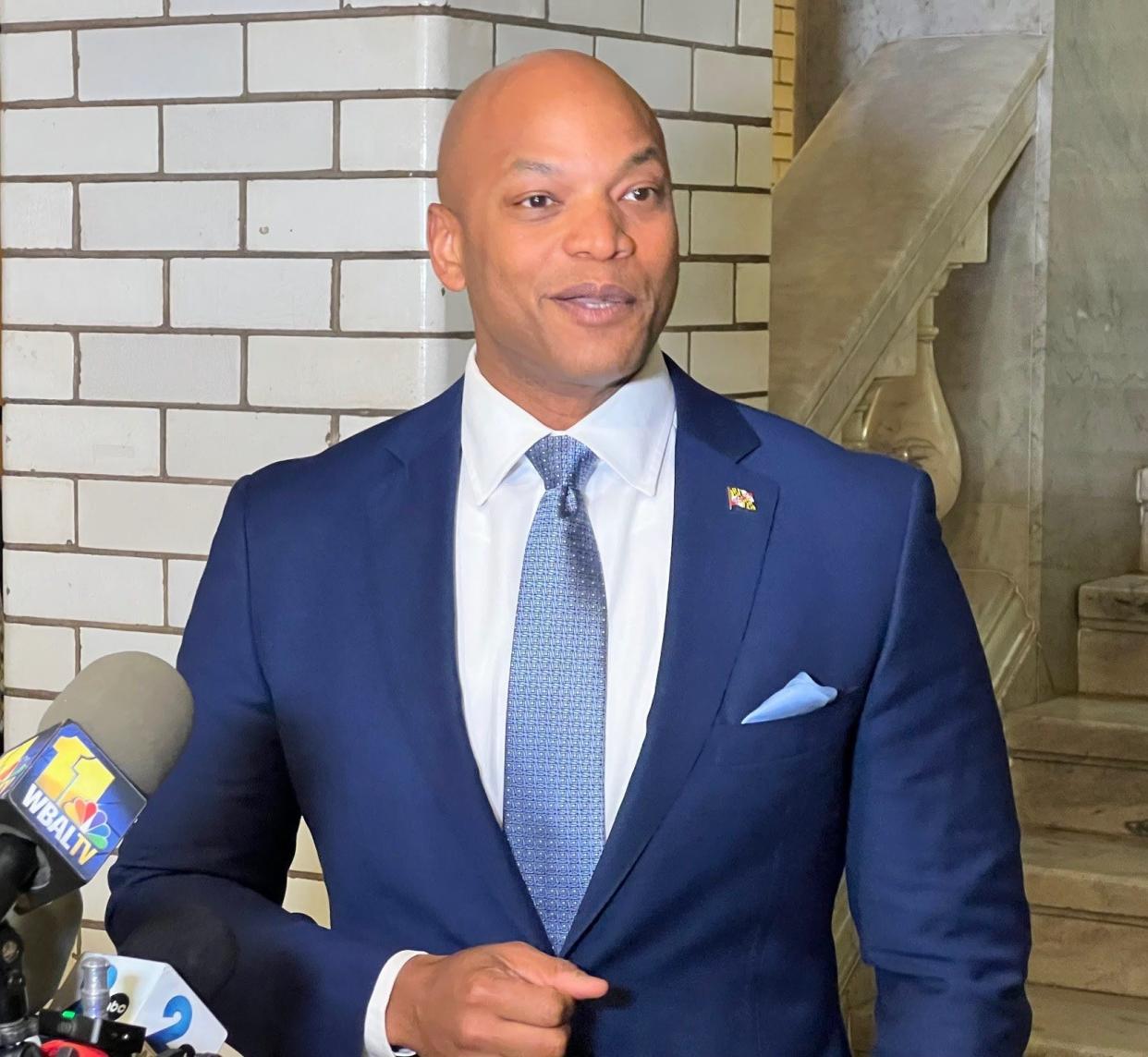 Maryland Gov. Wes Moore, a Democrat, speaks during an afternoon press conference on the ground floor of the State House in Annapolis on the last scheduled day of the year's legislative session April 8, 2024.