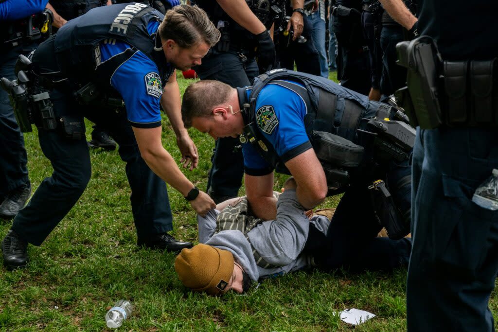 A student is arrested during a pro-Palestinian demonstration at the University of Texas at Austin on April 24, 2024.