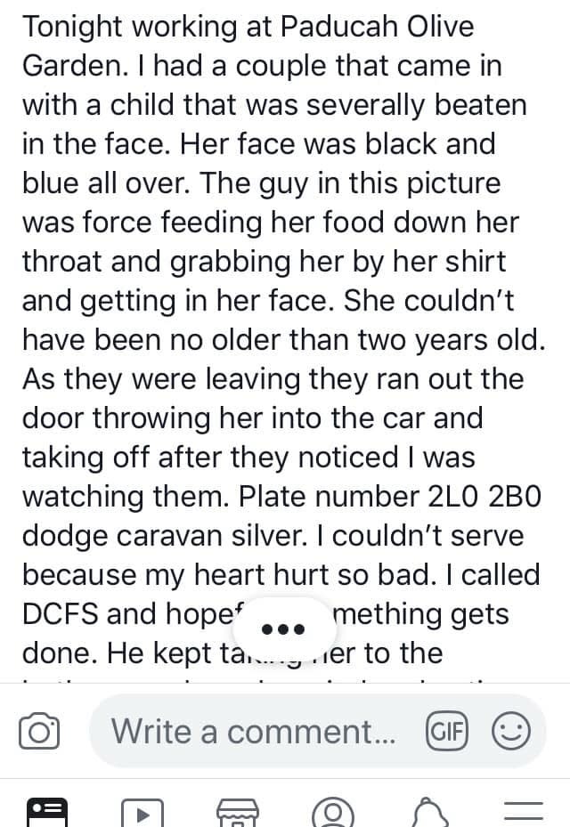 Jordan Cooper, a waitress at Olive Garden in Paducah, Ky., called the police on a family eating dinner. The parents were later arrested on child abuse charges. (Photo: Jordan Cooper via Facebook)