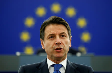 Italy's Prime Minister Giuseppe Conte addresses the European Parliament during a debate on the future of Europe in Strasbourg, France, February 12, 2019. REUTERS/Vincent Kessler