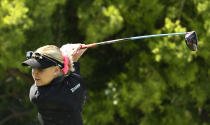 Charley Hull, of England, hits her tee shot on the 10th hole during the final round of the JTBC LPGA golf tournament, Sunday, March 27, 2022, in Carlsbad, Calif. (AP Photo/Denis Poroy)