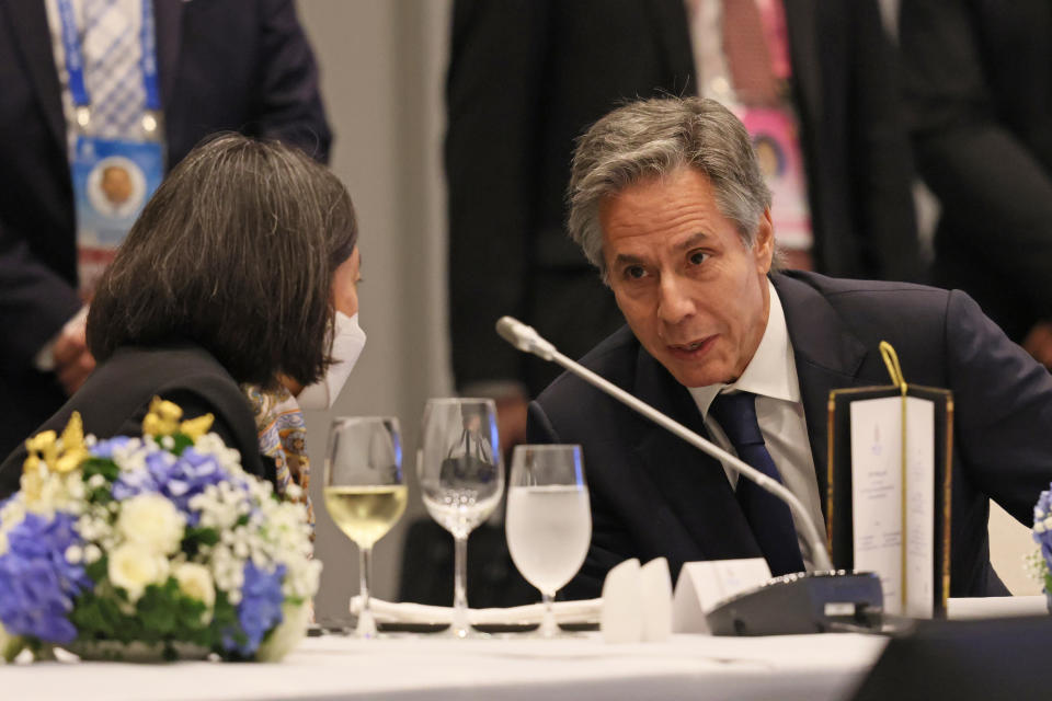 U.S. Secretary of State Antony Blinken takes part in a working lunch at the 33rd APEC Ministerial Meeting (AMM) during the Asia-Pacific Economic Cooperation (APEC) summit, Thursday, Nov. 17, 2022, in Bangkok, Thailand. (Jack Taylor/Pool Photo via AP)