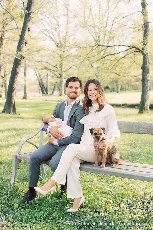 Bei den Royals im Nachbarland Schweden schaffte es der königliche Schoßhund sogar auf das offizielle Familienbild von Prinz Carl Philip, Prinzessin Sofia und Sohnemann Alexander. (Bild-Copyright: Kungahuset/Facebook)