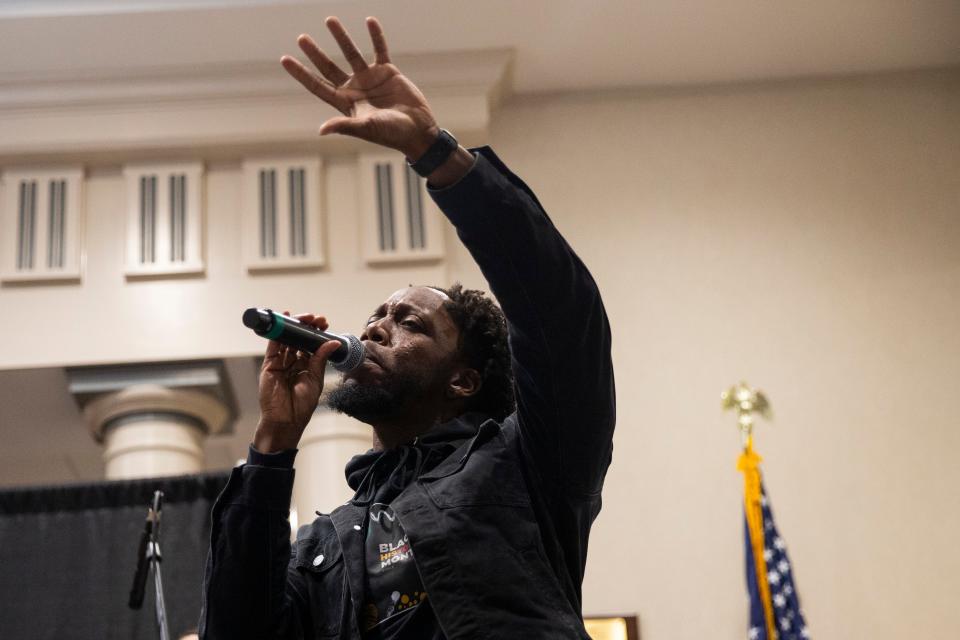 E.J. Shelton performs with Hub City Mass Choir during a Black History Month event at city hall in downtown Jackson on Friday, February 24, 2023. 