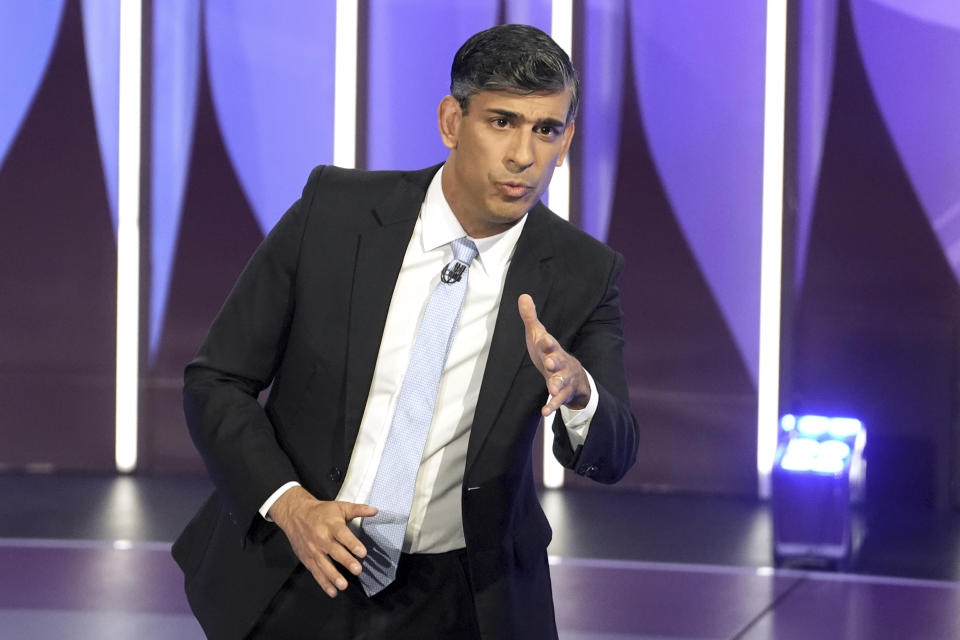 British Prime Minister Rishi Sunak speaks during a BBC Question Time Leaders' Special in York, England, Thursday June 20, 2024. (Stefan Rousseau/PA via AP, Pool)