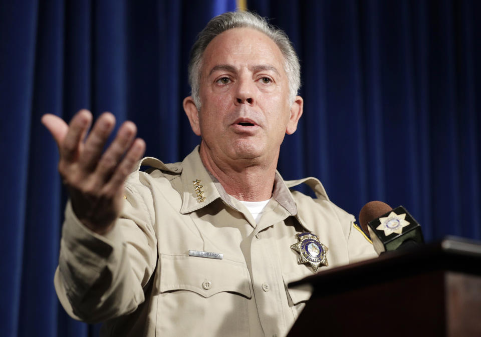 FILE - In this Aug. 3, 2018, file photo, Clark County Sheriff Joe Lombardo speaks at a news conference regarding the Oct. 1, 2017 mass shooting in Las Vegas. The head of the Las Vegas police department is scheduled to release what he calls an after-action report about the deadliest mass shooting in modern U.S. history. Lombardo says the review he'll release Wednesday, July 10, 2019, aims to show what other law enforcement agencies can learn from the shooting that killed 58 people and injured more than 850. (AP Photo/John Locher, File)