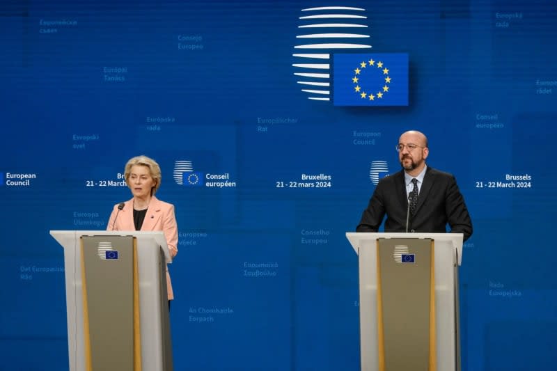 European Commission President Ursula von der Leyen (L) and President of the European Council Charles Michel speak during a press conference after the EU summit in Brussels. Alexandros Michailidis/European Council/dpa