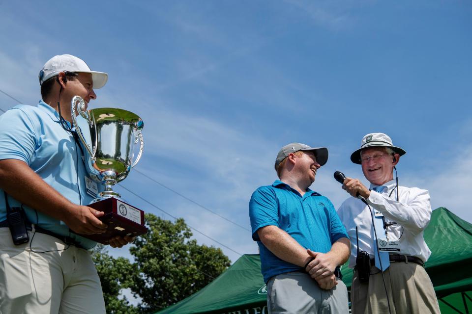 Rules Official Bob Walther, right, interviews three-time champion David Mills after the fourth and final round of the Evansville Men's City Golf Tournament at Evansville Country Club Sunday afternoon, July 24, 2022. David Mills came out on top by eight strokes (-17) and lead wire-to-wire in the tournament.