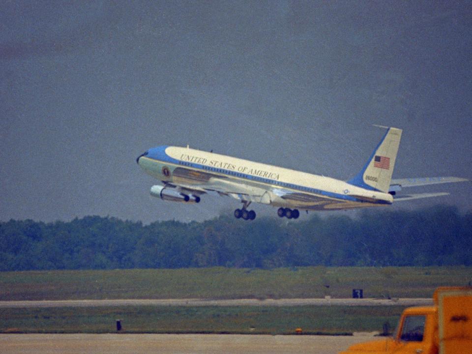Air Force One, the plane of the president of the United States, is seen during takeoff, June 1968.