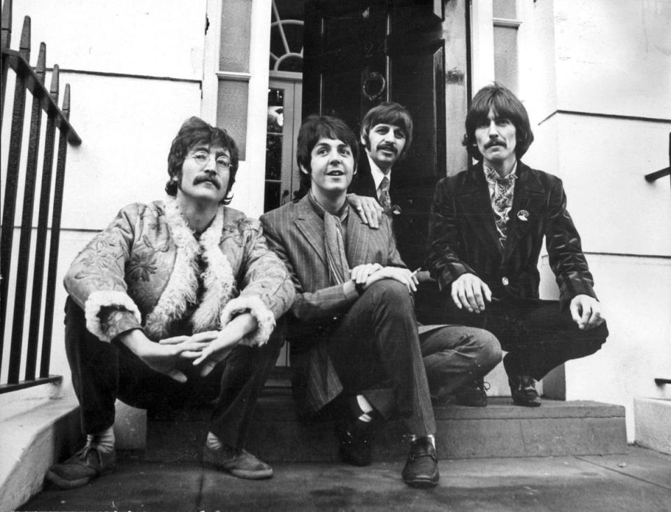 The Beatles on front steps (Wetherell)