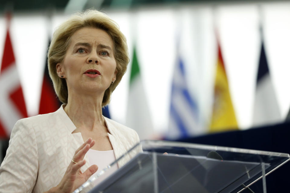 Germany's Ursula von der Leyen delivers her speech at the European Parliament in Strasbourg, eastern France, Tuesday July 16, 2019. Ursula von der Leyen outlined her vision and plans as Commission President. The vote, held by secret paper ballot, will take place later today. (AP Photo/Jean-Francois Badias)