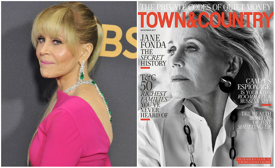 Jane Fonda at the 2017 Emmy Awards (photo left) and unretouched on Town & Country (photo right).<em> (Photos: Getty/Twitter) </em>