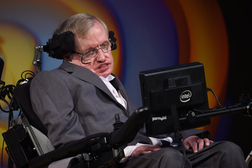 Stephen Hawking talks about his life and work during a public symposium to celebrate his 75th birthday at Lady Mitchell Hall in Cambridge. (Photo by Joe Giddens/PA Images via Getty Images)