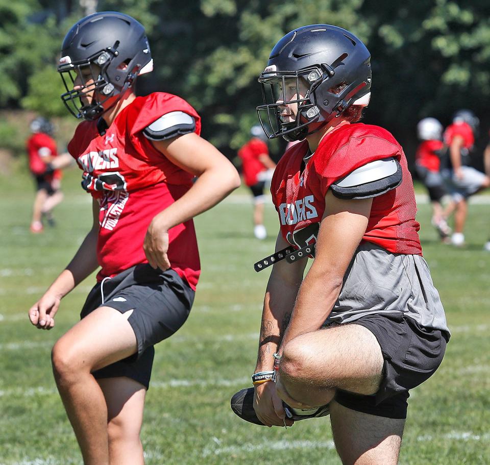 Senior starter running back and linebacker Jordan Mahoney.The North Quincy Raiders football team practice for their first scrimmage on Saturday against S.Mary's of Lynn on Wednesday, August 23, 2023  