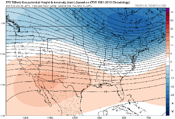 Euro model ensemble forecast for Dec. 15, showing unusually cold conditions across the Northeast.