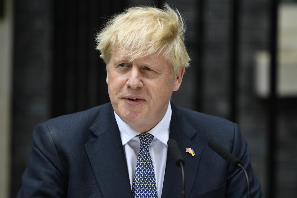 Prime Minister Boris Johnson reads a statement outside 10 Downing Street, London, formally resigning as Conservative Party leader after ministers and MPs made clear his position was untenable. He will remain as Prime Minister until a successor is in place. Picture date: Thursday July 7, 2022.