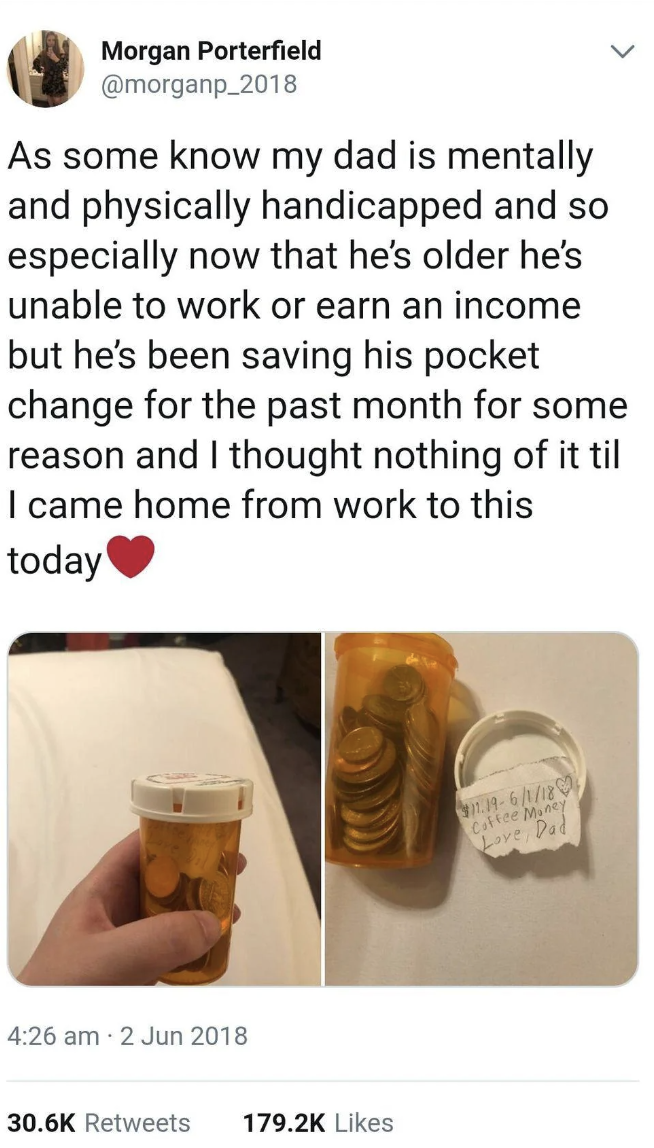 A photo of two plastic cups filled with coins labeled "Lunch Money" and "Bus Money" from a financially struggling father to his child