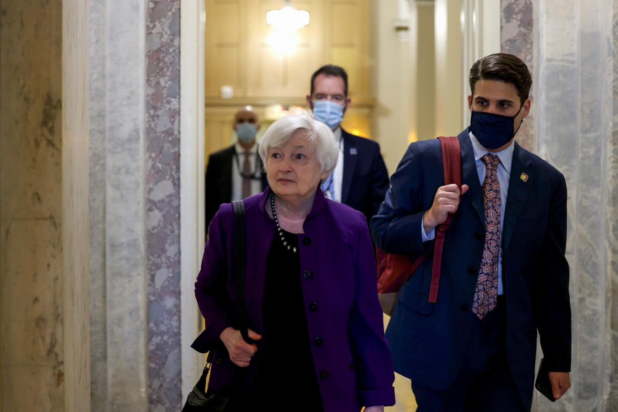 WASHINGTON, DC - AUGUST 03: Treasury Secretary Janet Yellen departs from a meeting in the U.S. Capitol Building on August 03, 2021 in Washington, DC. The Senate has moved on to the amendments process this week for the legislative text of the $1 trillion infrastructure bill, which aims to fund improvements to roads, bridges, dams, climate resiliency and broadband internet.  (Photo by Anna Moneymaker/Getty Images)