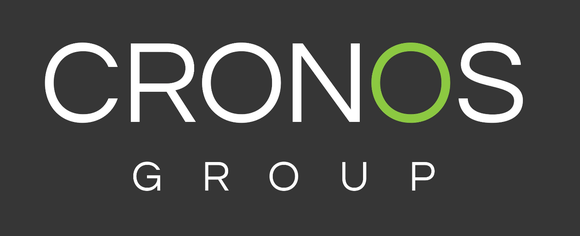 Cronos Group logo on grey background, with second O in green.